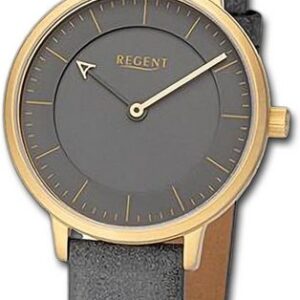 Regent Quarzuhr Regent Damen Armbanduhr Analog, Damenuhr Lederarmband dunkelgrau, rundes Gehäuse, extra groß (ca 32mm)