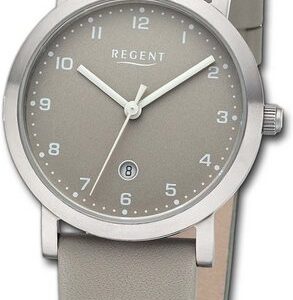 Regent Quarzuhr Regent Damen Armbanduhr Analog, Damenuhr Lederarmband grau, rundes Gehäuse, extra groß (ca. 30mm)