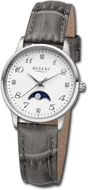Regent Quarzuhr Regent Damen Armbanduhr Analog, Damenuhr Lederarmband grau, rundes Gehäuse, extra groß (ca. 31,5mm)