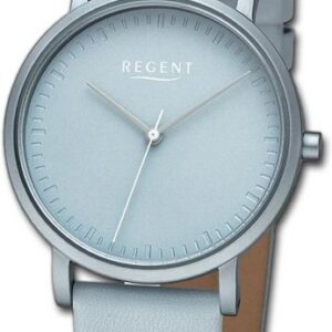 Regent Quarzuhr Regent Damen Armbanduhr Analog, Damenuhr Lederarmband graublau, rundes Gehäuse, extra groß (ca. 36mm)