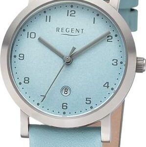 Regent Quarzuhr Regent Damen Armbanduhr Analog, Damenuhr Lederarmband hellblau, rundes Gehäuse, extra groß (ca. 30mm)