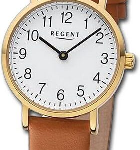 Regent Quarzuhr Regent Damen Armbanduhr Analog, Damenuhr Lederarmband hellbraun, rundes Gehäuse, extra groß (ca. 28mm)