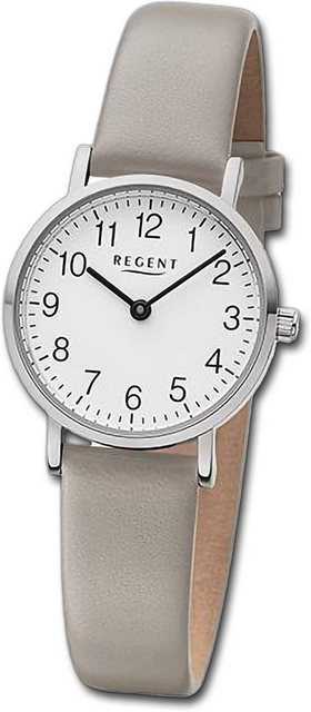 Regent Quarzuhr Regent Damen Armbanduhr Analog, Damenuhr Lederarmband hellgrau, rundes Gehäuse, extra groß (ca. 28mm)