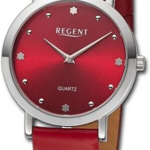 Regent Quarzuhr Regent Damen Armbanduhr Analog, Damenuhr Lederarmband rot, rundes Gehäuse, extra groß (ca. 32,5mm)