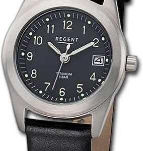 Regent Quarzuhr Regent Damen Armbanduhr Analog, Damenuhr Lederarmband schwarz, rundes Gehäuse, extra groß (ca. 26mm)