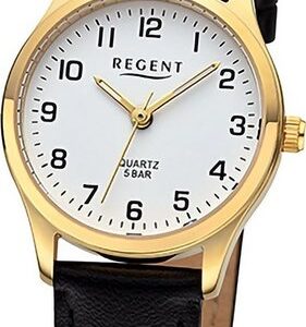 Regent Quarzuhr Regent Damen Armbanduhr Analog, Damenuhr Lederarmband schwarz, rundes Gehäuse, extra groß (ca. 27mm)