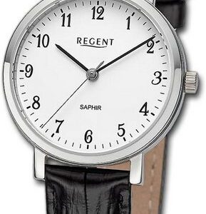 Regent Quarzuhr Regent Damen Armbanduhr Analog, Damenuhr Lederarmband schwarz, rundes Gehäuse, extra groß (ca. 30mm)