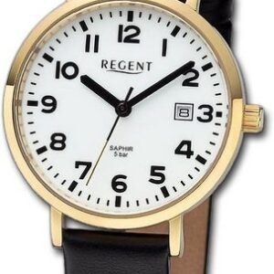Regent Quarzuhr Regent Damen Armbanduhr Analog, Damenuhr Lederarmband schwarz, rundes Gehäuse, extra groß (ca. 31,3mm)