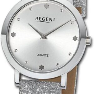 Regent Quarzuhr Regent Damen Armbanduhr Analog, Damenuhr Lederarmband silber, rundes Gehäuse, extra groß (ca. 32,5mm)
