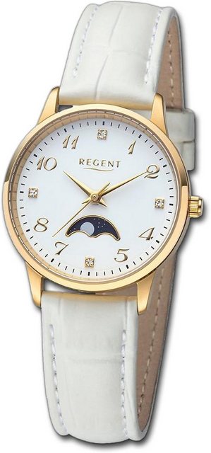 Regent Quarzuhr Regent Damen Armbanduhr Analog, Damenuhr Lederarmband weiß, rundes Gehäuse, extra groß (ca. 31,5mm)