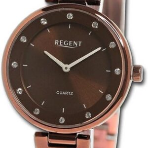 Regent Quarzuhr Regent Damen Armbanduhr Analog, Damenuhr Metallarmband bronze, rundes Gehäuse, extra groß (ca. 34mm)