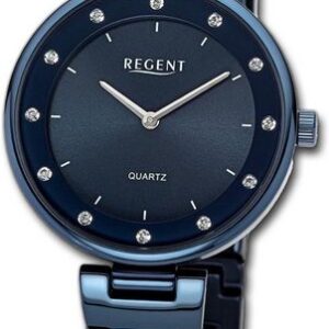 Regent Quarzuhr Regent Damen Armbanduhr Analog, Damenuhr Metallarmband dunkelblau, rundes Gehäuse, groß (ca. 34mm)