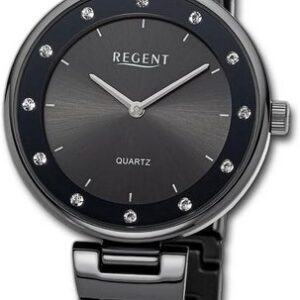 Regent Quarzuhr Regent Damen Armbanduhr Analog, Damenuhr Metallarmband dunkelgrau, rundes Gehäuse, groß (ca. 34mm)
