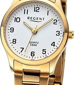 Regent Quarzuhr Regent Damen Armbanduhr Analog, Damenuhr Metallarmband gold, rundes Gehäuse, extra groß (ca. 27mm)