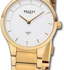 Regent Quarzuhr Regent Damen Armbanduhr Analog, Damenuhr Metallarmband gold, rundes Gehäuse, extra groß (ca. 28mm)