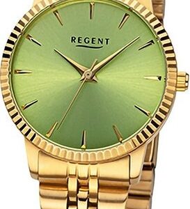 Regent Quarzuhr Regent Damen Armbanduhr Analog, Damenuhr Metallarmband gold, rundes Gehäuse, extra groß (ca. 30,5mm)