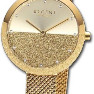 Regent Quarzuhr Regent Damen Armbanduhr Analog, Damenuhr Metallarmband gold, rundes Gehäuse, extra groß (ca. 32mm)