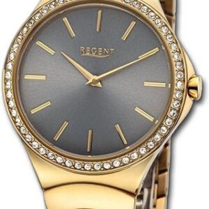 Regent Quarzuhr Regent Damen Armbanduhr Analog, Damenuhr Metallarmband gold, rundes Gehäuse, extra groß (ca. 33mm)