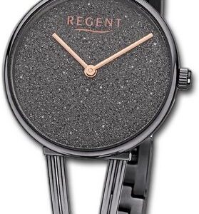 Regent Quarzuhr Regent Damen Armbanduhr Analog, Damenuhr Metallarmband schwarz, rundes Gehäuse, extra groß (ca. 30mm)