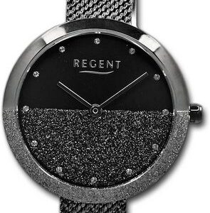 Regent Quarzuhr Regent Damen Armbanduhr Analog, Damenuhr Metallarmband schwarz, rundes Gehäuse, extra groß (ca. 32mm)