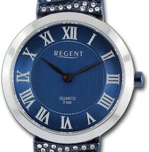 Regent Quarzuhr Regent Damen Armbanduhr Analog, Damenuhr Metallarmband silber, dunkelblau, rundes Gehäuse, groß (30mm)