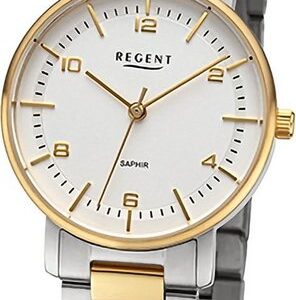 Regent Quarzuhr Regent Damen Armbanduhr Analog, Damenuhr Metallarmband silber, gold, rundes Gehäuse, groß (ca. 32mm)