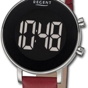 Regent Quarzuhr Regent Damen Armbanduhr Digital, Damenuhr Lederarmband rot, rundes Gehäuse, extra groß (ca. 34mm)