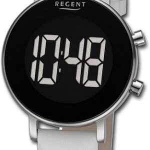 Regent Quarzuhr Regent Damen Armbanduhr Digital, Damenuhr Lederarmband weiß, rundes Gehäuse, extra groß (ca. 34mm)