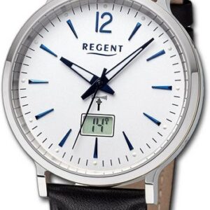 Regent Quarzuhr Regent Herren Armbanduhr Analog-Digital, Herrenuhr Lederarmband schwarz, rundes Gehäuse, extra groß (ca. 40mm)