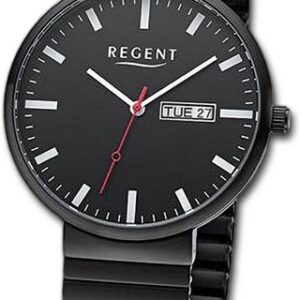 Regent Quarzuhr Regent Herren Armbanduhr Analog, Herrenuhr Edelstahlarmband schwarz, rundes Gehäuse, groß (ca. 38mm)