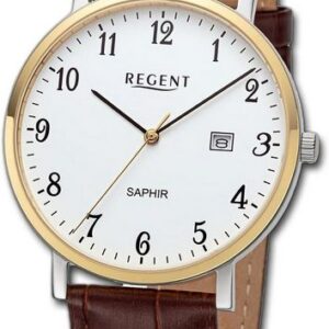 Regent Quarzuhr Regent Herren Armbanduhr Analog, Herrenuhr Lederarmband braun, rundes Gehäuse, extra groß (ca. 40mm)