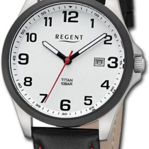 Regent Quarzuhr Regent Herren Armbanduhr Analog, Herrenuhr Lederarmband schwarz, rot, rundes Gehäuse, groß (ca. 39mm)