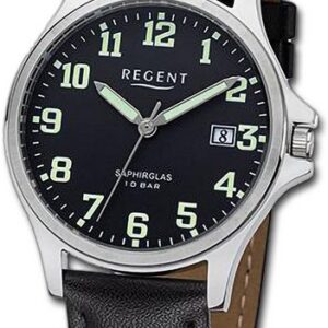 Regent Quarzuhr Regent Herren Armbanduhr Analog, Herrenuhr Lederarmband schwarz, rundes Gehäuse, extra groß (ca. 36mm)