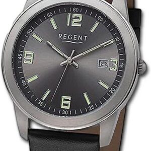 Regent Quarzuhr Regent Herren Armbanduhr Analog, Herrenuhr Lederarmband schwarz, rundes Gehäuse, extra groß (ca. 38mm)