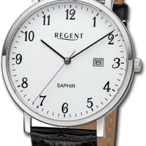 Regent Quarzuhr Regent Herren Armbanduhr Analog, Herrenuhr Lederarmband schwarz, rundes Gehäuse, extra groß (ca. 40mm)