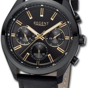 Regent Quarzuhr Regent Herren Armbanduhr Analog, Herrenuhr Lederarmband schwarz, rundes Gehäuse, extra groß (ca. 44mm)