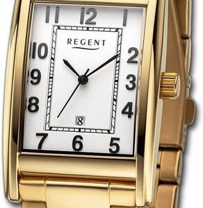 Regent Quarzuhr Regent Herren Armbanduhr Analog, Herrenuhr Metallarmband gold, rundes Gehäuse, extra groß (ca. 29mm)