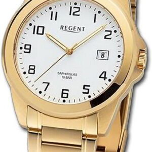 Regent Quarzuhr Regent Herren Armbanduhr Analog, Herrenuhr Metallarmband gold, rundes Gehäuse, extra groß (ca. 40mm)