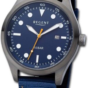 Regent Quarzuhr Regent Herren Armbanduhr Analog, Herrenuhr Textilarmband blau, gelb, rundes Gehäuse, groß (ca. 42mm)
