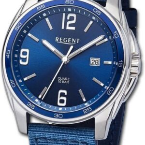Regent Quarzuhr Regent Herren Armbanduhr Analog, Herrenuhr Textilarmband blau, rundes Gehäuse, extra groß (ca. 41mm)