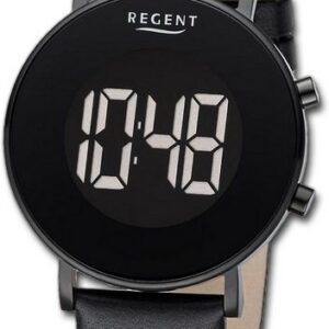 Regent Quarzuhr Regent Herren Armbanduhr Digital, Herrenuhr Lederarmband schwarz, rundes Gehäuse, extra groß (ca. 40mm)