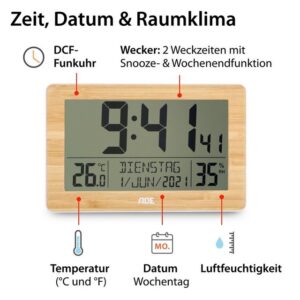 ADE Funktischuhr Digitale Tischuhr Wecker mit Thermometer und Hygrometer 2 Weckzeiten, ausgeschriebener Wochentag, zum Hängen oder Stellen