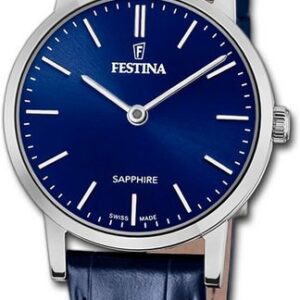 Festina Quarzuhr Festina Damenuhr Swiss Made Armbanduhr, Damenuhr Lederarmband blau, rund, klein (ca. 29mm)
