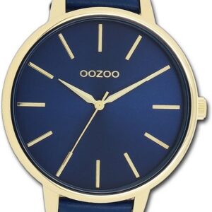 OOZOO Quarzuhr Oozoo Damen Armbanduhr Timepieces, Damenuhr Lederarmband blau, rundes Gehäuse, groß (ca. 42mm)