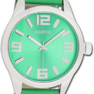 OOZOO Quarzuhr Oozoo Damen Armbanduhr Timepieces, Damenuhr Lederarmband grün, rundes Gehäuse, extra groß (ca. 46mm)