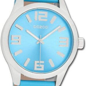 OOZOO Quarzuhr Oozoo Damen Armbanduhr Timepieces, Damenuhr Lederarmband hellblau, rundes Gehäuse, extra groß (ca. 46mm)