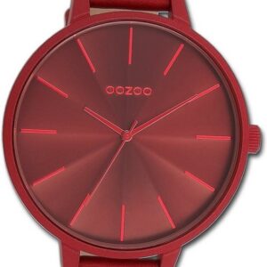 OOZOO Quarzuhr Oozoo Damen Armbanduhr Timepieces, Damenuhr Lederarmband rot, rundes Gehäuse, extra groß (ca. 48mm)