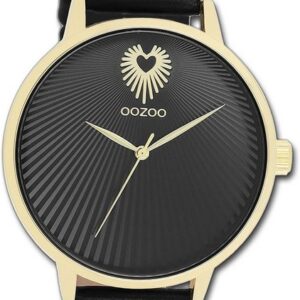 OOZOO Quarzuhr Oozoo Damen Armbanduhr Timepieces, Damenuhr Lederarmband schwarz, rundes Gehäuse, groß (ca. 42mm)