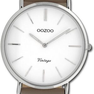 OOZOO Quarzuhr Oozoo Damen Armbanduhr Ultra Slim Leder, Damenuhr Lederarmband grau, taupe, rundes Gehäuse, groß (ca. 40mm)