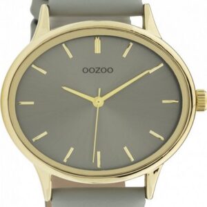 OOZOO Quarzuhr Damenuhr C11050 Oval Hellgrau Gold Lederband 42 mm